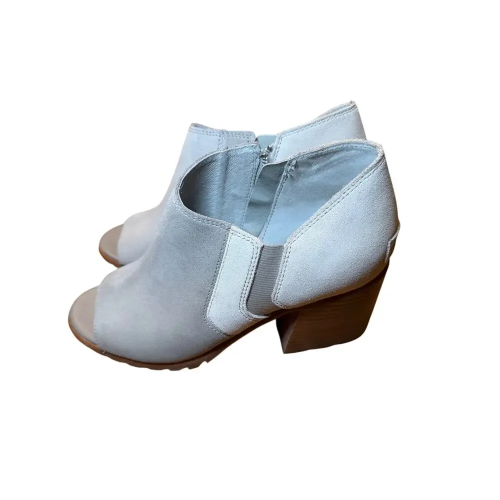 Sorel Gray Suede Peep‎ Toe Ankle Booties Block Heel Side Zip Women’s Size 9